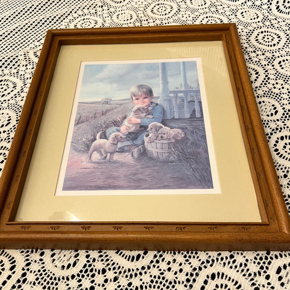 Vintage Framed Print Boy with Puppies | N. Johansen Struck |  Cottage Farmhouse